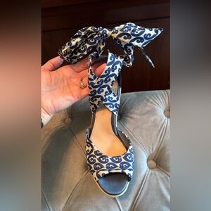 UGG Espadrille Wedge Sandals with Blue and Cream Silk Tie Ankle Wraps